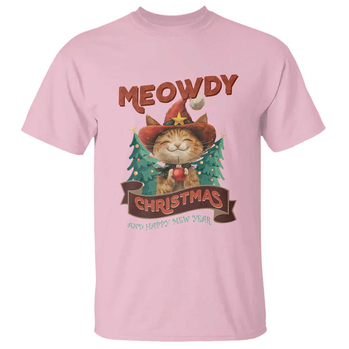 Christmas Cowboy Cat T Shirt Meowdy Christmas And Happy Mew Year TS09 Light Pink Print Your Wear
