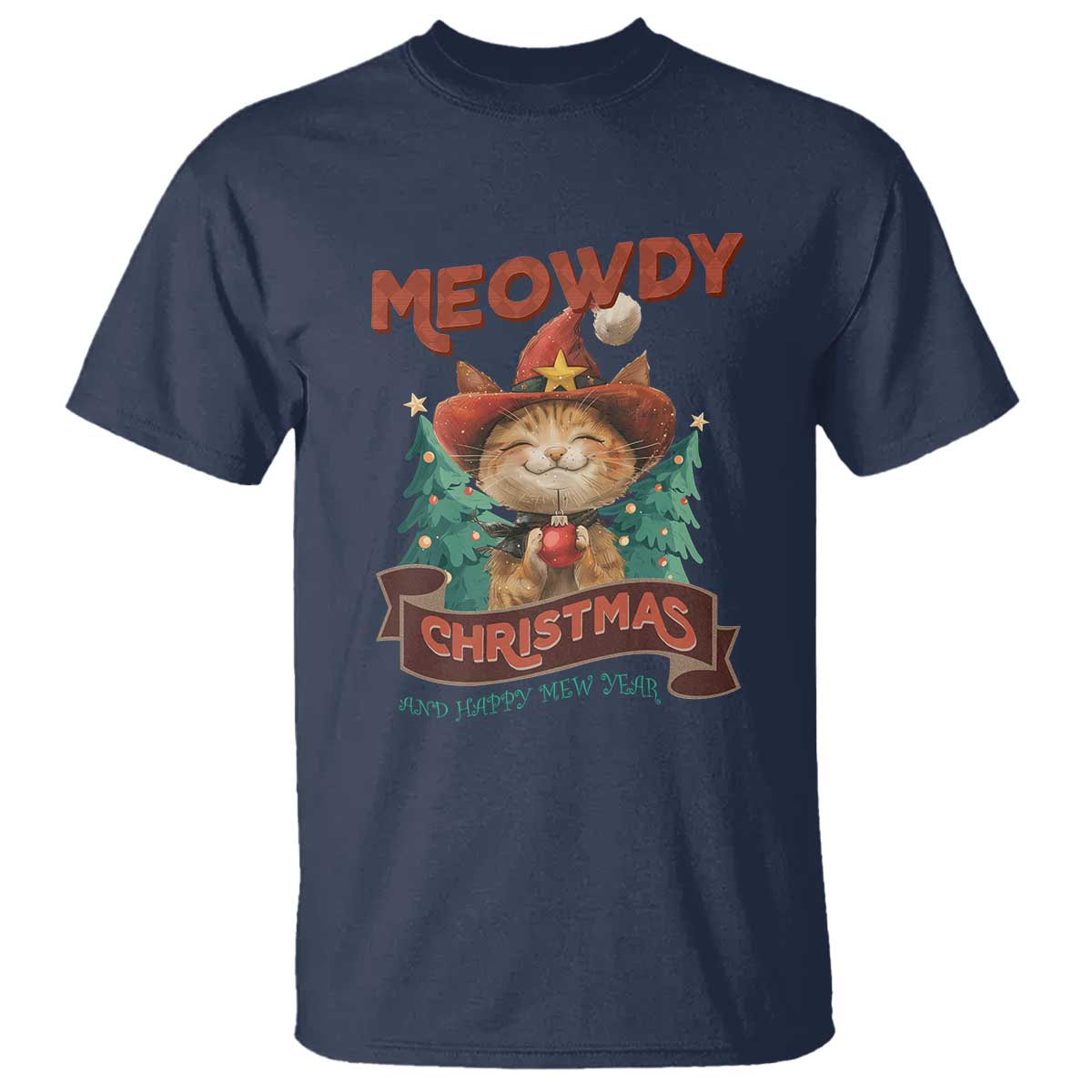 Christmas Cowboy Cat T Shirt Meowdy Christmas And Happy Mew Year TS09 Navy Print Your Wear