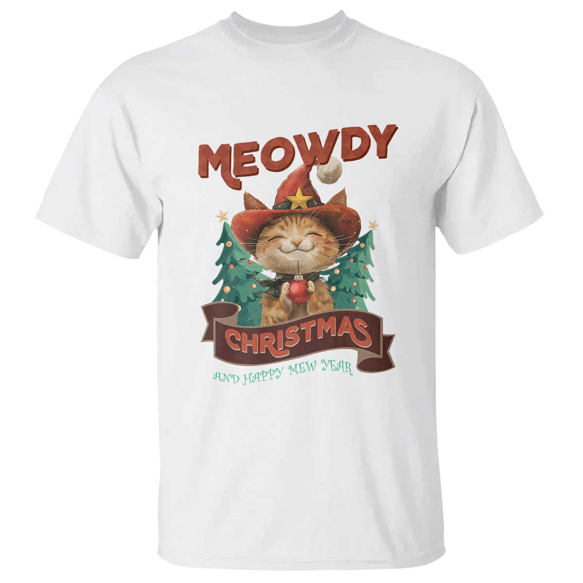 Christmas Cowboy Cat T Shirt Meowdy Christmas And Happy Mew Year TS09 White Print Your Wear