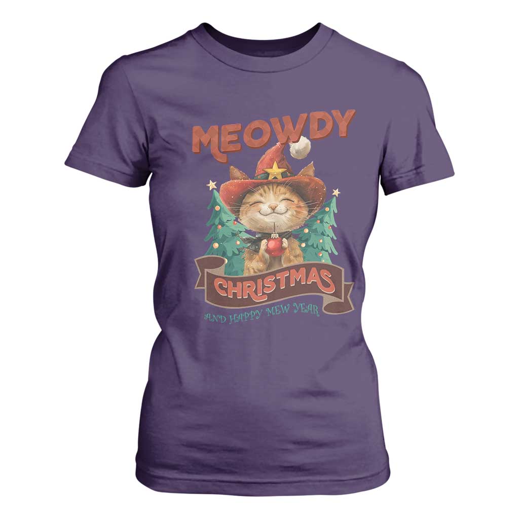 Christmas Cowboy Cat T Shirt For Women Meowdy Christmas And Happy Mew Year TS09 Purple Print Your Wear