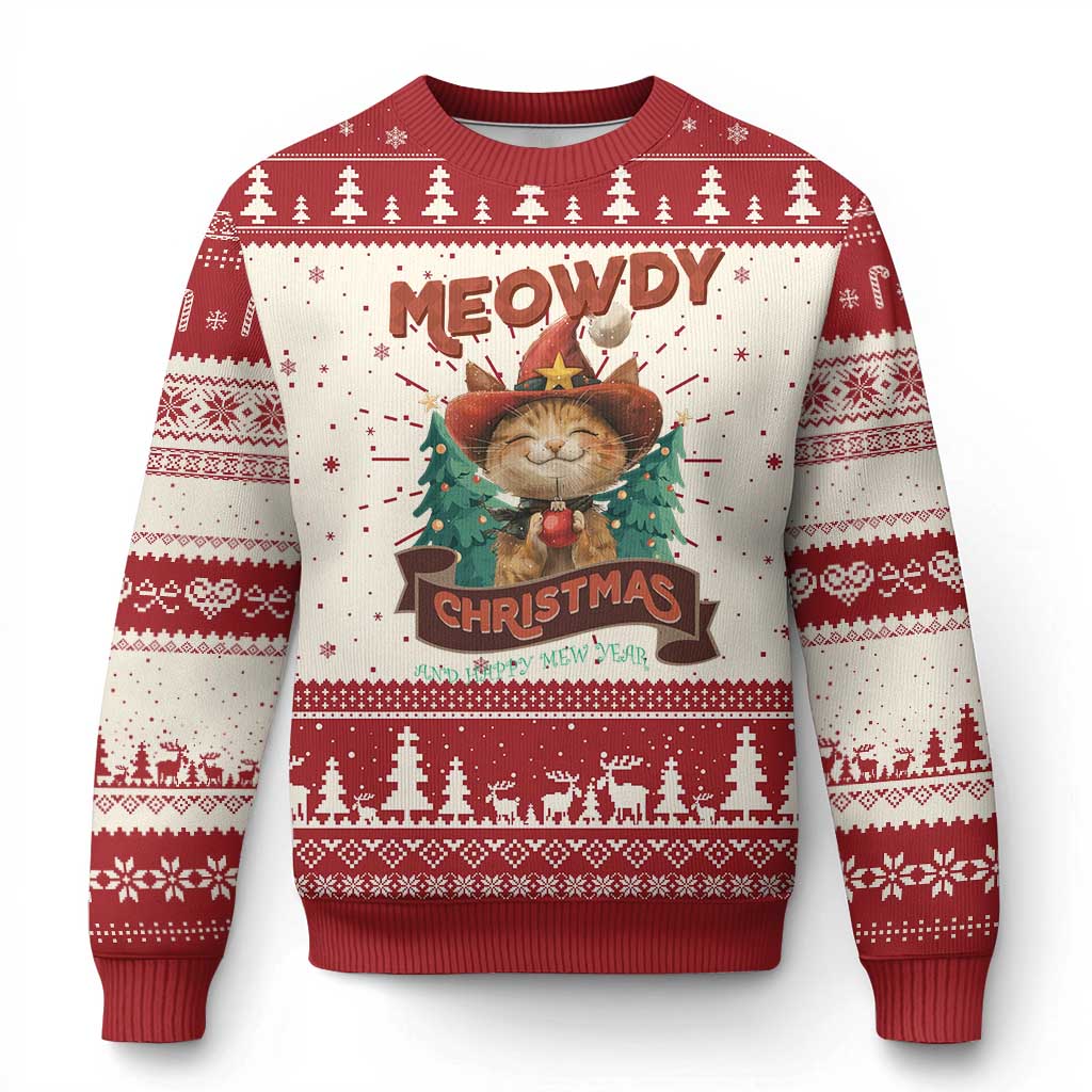 Xmas Cowboy Cat Ugly Christmas Sweater Meowdy Christmas And Happy Mew Year TS09 Red Print Your Wear