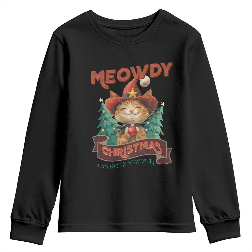 Christmas Cowboy Cat Youth Sweatshirt Meowdy Christmas And Happy Mew Year TS09 Black Print Your Wear