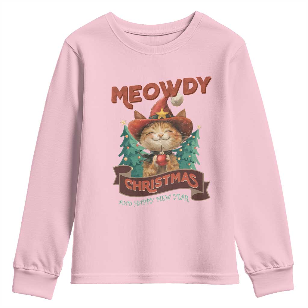Christmas Cowboy Cat Youth Sweatshirt Meowdy Christmas And Happy Mew Year TS09 Light Pink Print Your Wear