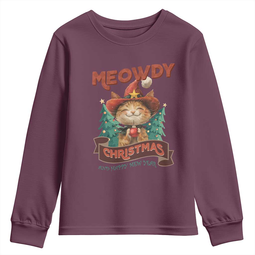 Christmas Cowboy Cat Youth Sweatshirt Meowdy Christmas And Happy Mew Year TS09 Maroon Print Your Wear