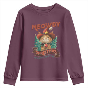 Christmas Cowboy Cat Youth Sweatshirt Meowdy Christmas And Happy Mew Year TS09 Maroon Print Your Wear
