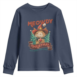Christmas Cowboy Cat Youth Sweatshirt Meowdy Christmas And Happy Mew Year TS09 Navy Print Your Wear