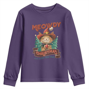 Christmas Cowboy Cat Youth Sweatshirt Meowdy Christmas And Happy Mew Year TS09 Purple Print Your Wear