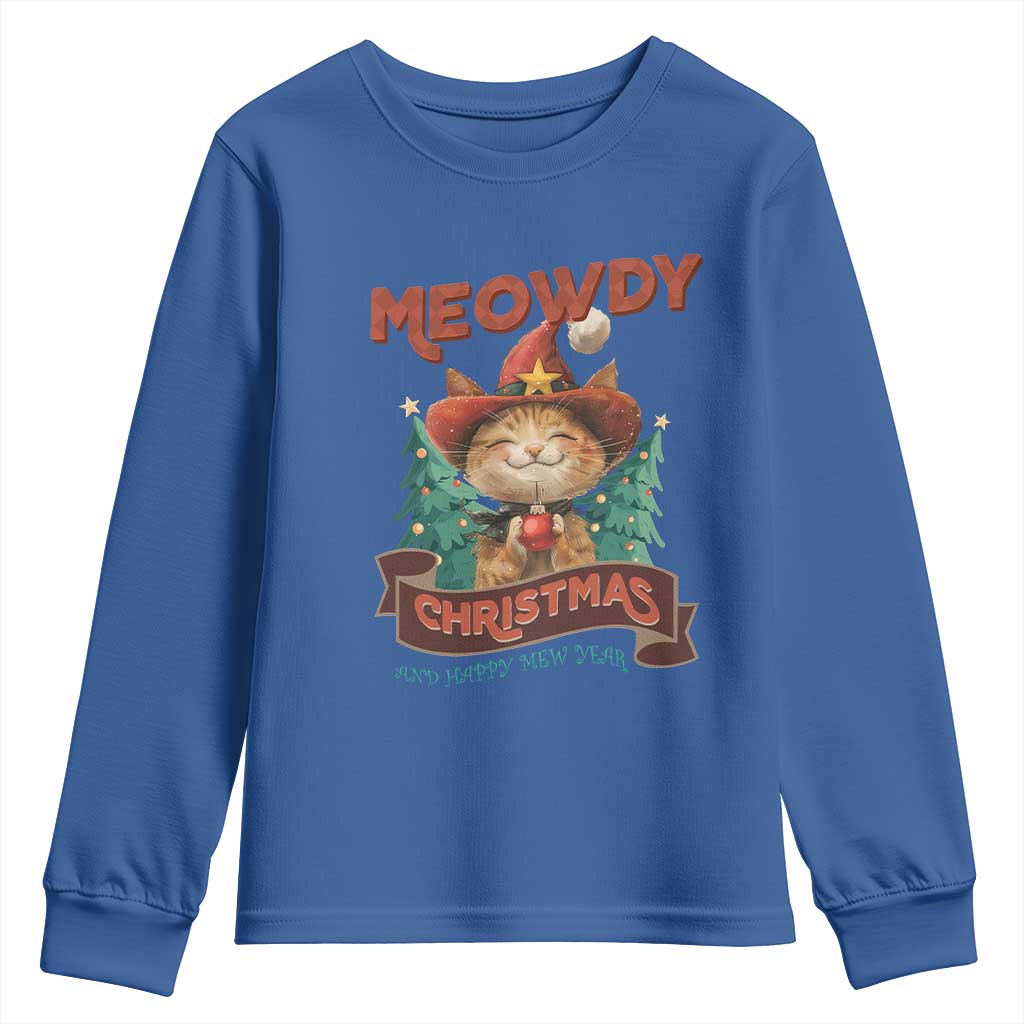 Christmas Cowboy Cat Youth Sweatshirt Meowdy Christmas And Happy Mew Year TS09 Royal Blue Print Your Wear