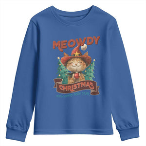 Christmas Cowboy Cat Youth Sweatshirt Meowdy Christmas And Happy Mew Year TS09 Royal Blue Print Your Wear