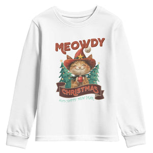 Christmas Cowboy Cat Youth Sweatshirt Meowdy Christmas And Happy Mew Year TS09 White Print Your Wear