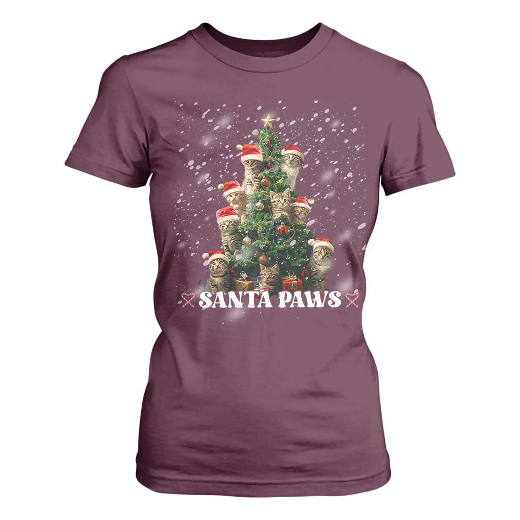 Christmas Cat T Shirt For Women Santa Paw And Claw Cats Xmas Tree TS09 Maroon Print Your Wear
