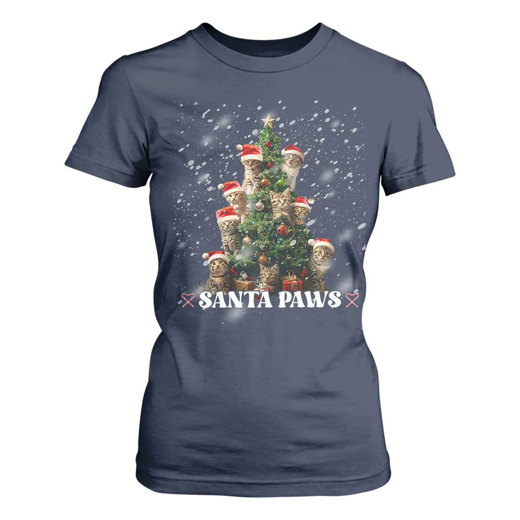 Christmas Cat T Shirt For Women Santa Paw And Claw Cats Xmas Tree TS09 Navy Print Your Wear
