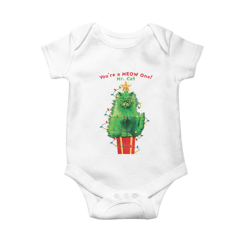 Funny Christmas Cat Baby Onesie You Are A Meow One Mr. Cat Green Cat TS09 White Print Your Wear
