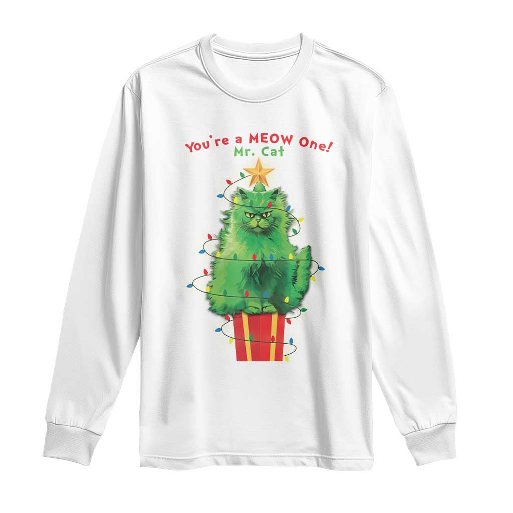 Funny Christmas Cat Long Sleeve Shirt You Are A Meow One Mr. Cat Green Cat TS09 White Print Your Wear