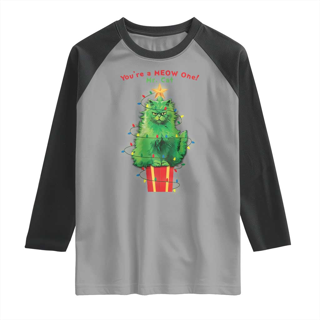 Funny Christmas Cat Raglan Shirt You Are A Meow One Mr. Cat Green Cat TS09 Sport Gray Black Print Your Wear