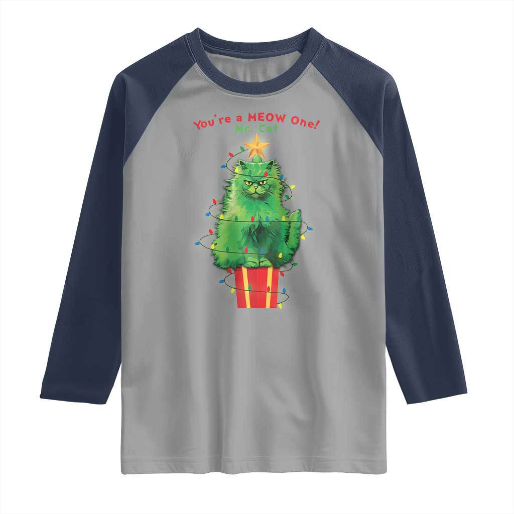 Funny Christmas Cat Raglan Shirt You Are A Meow One Mr. Cat Green Cat TS09 Sport Gray Navy Print Your Wear
