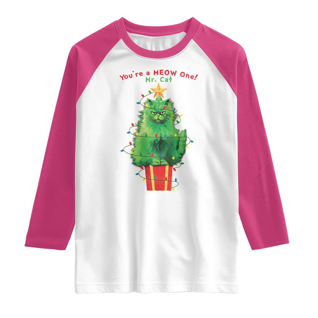 Funny Christmas Cat Raglan Shirt You Are A Meow One Mr. Cat Green Cat TS09 White Heliconia Print Your Wear