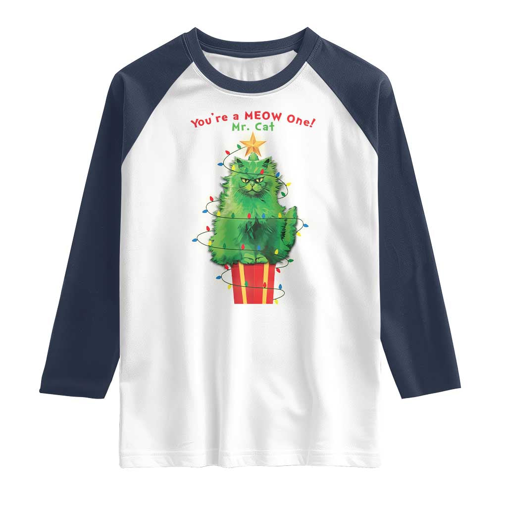 Funny Christmas Cat Raglan Shirt You Are A Meow One Mr. Cat Green Cat TS09 White Navy Print Your Wear