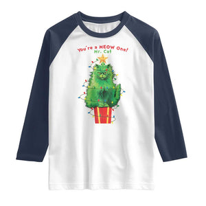 Funny Christmas Cat Raglan Shirt You Are A Meow One Mr. Cat Green Cat TS09 White Navy Print Your Wear