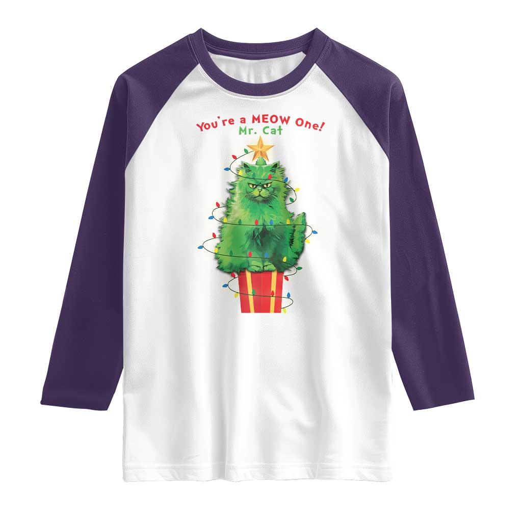 Funny Christmas Cat Raglan Shirt You Are A Meow One Mr. Cat Green Cat TS09 White Purple Print Your Wear