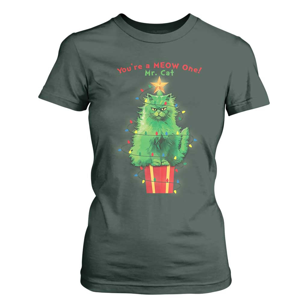 Funny Christmas Cat T Shirt For Women You Are A Meow One Mr. Cat Green Cat TS09 Dark Forest Green Print Your Wear