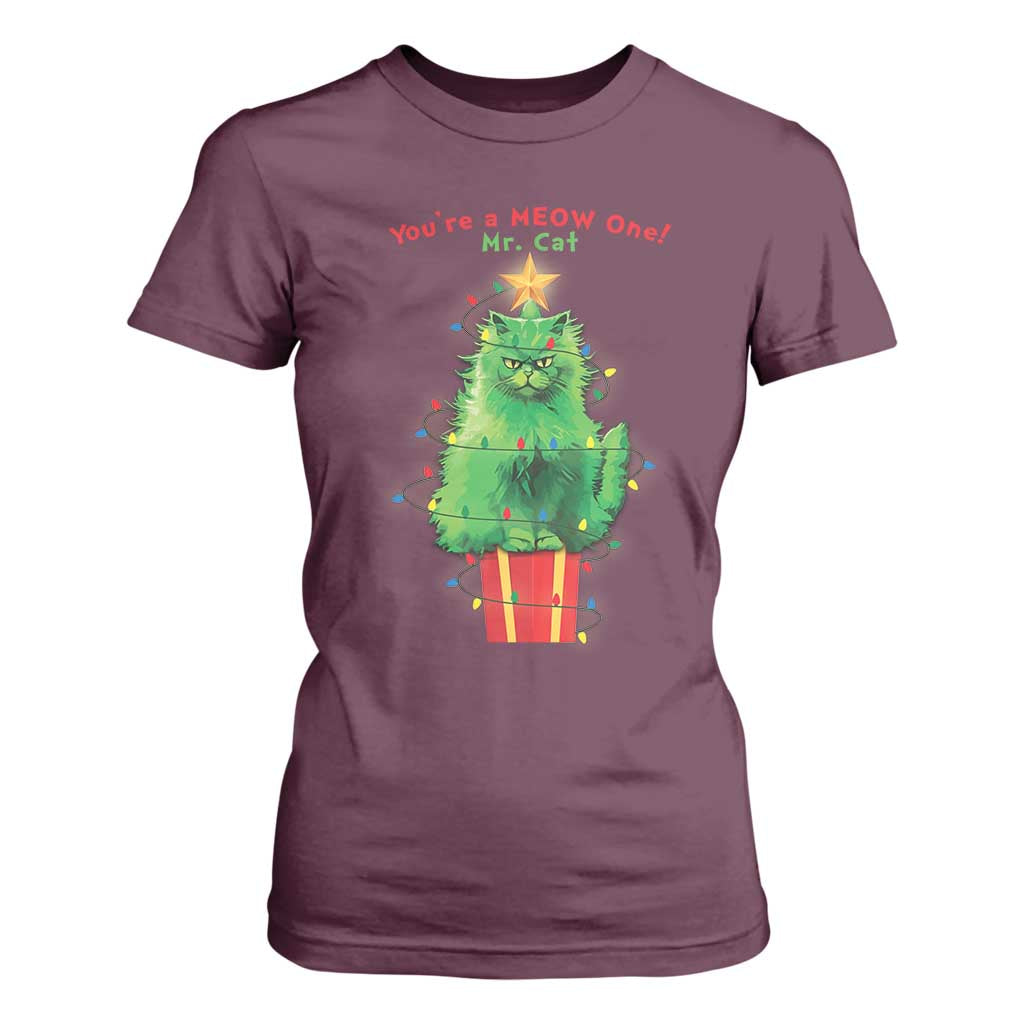 Funny Christmas Cat T Shirt For Women You Are A Meow One Mr. Cat Green Cat TS09 Maroon Print Your Wear