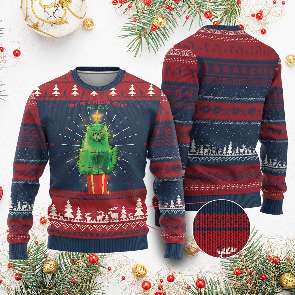 Funny Xmas Cat Ugly Christmas Sweater You Are A Meow One Mr. Cat Green Cat TS09 Burgundy Print Your Wear