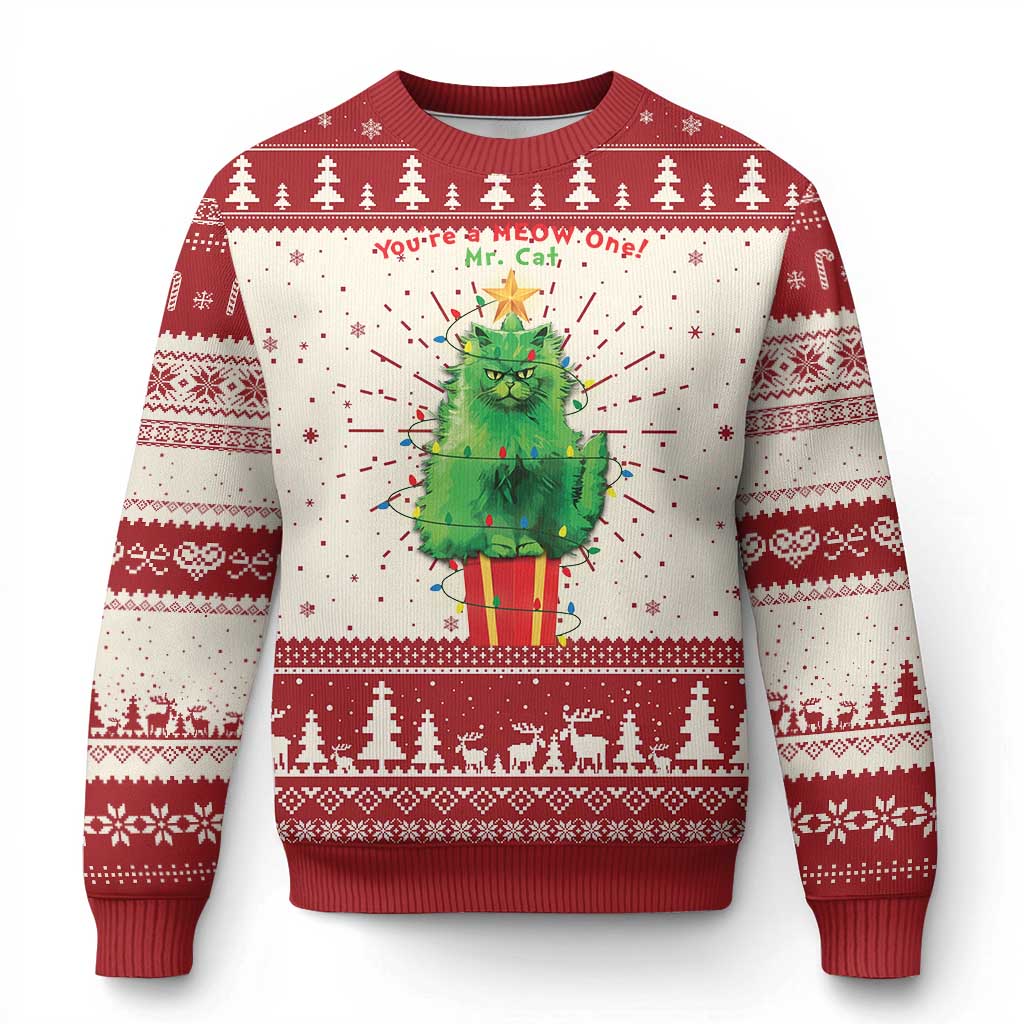 Funny Xmas Cat Ugly Christmas Sweater You Are A Meow One Mr. Cat Green Cat TS09 Red Print Your Wear