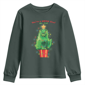 Funny Christmas Cat Youth Sweatshirt You Are A Meow One Mr. Cat Green Cat TS09 Dark Forest Green Print Your Wear