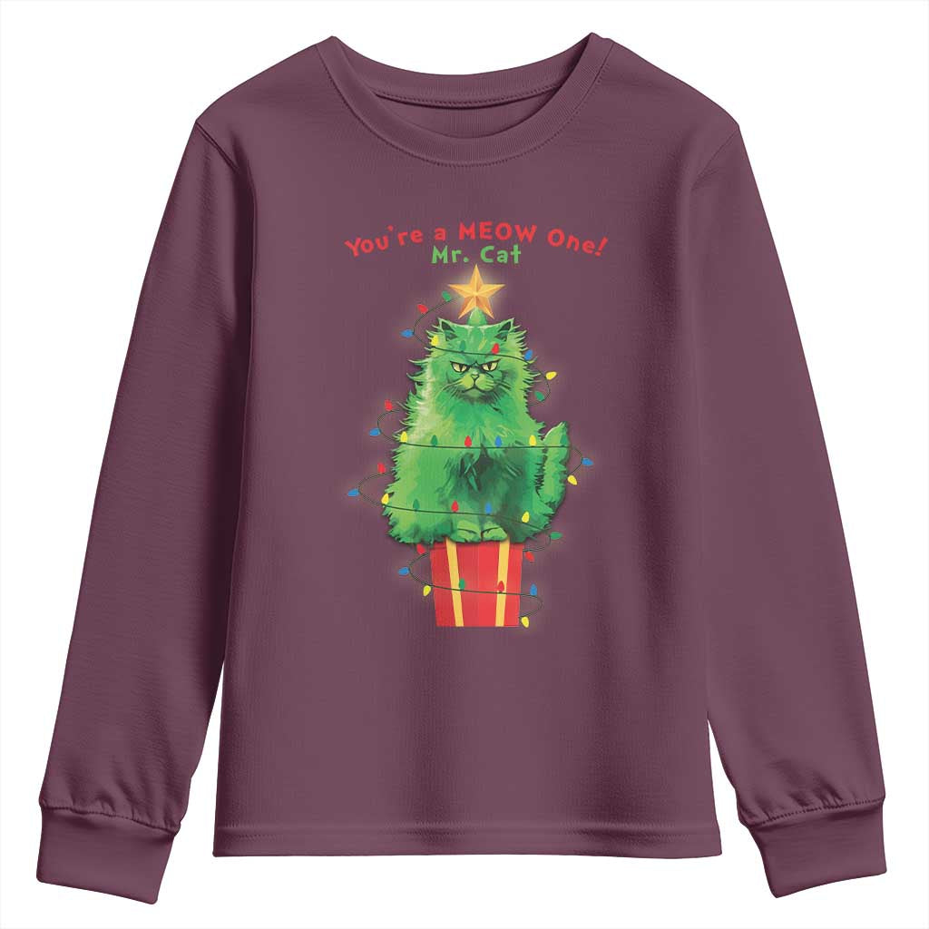 Funny Christmas Cat Youth Sweatshirt You Are A Meow One Mr. Cat Green Cat TS09 Maroon Print Your Wear