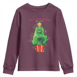Funny Christmas Cat Youth Sweatshirt You Are A Meow One Mr. Cat Green Cat TS09 Maroon Print Your Wear