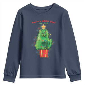 Funny Christmas Cat Youth Sweatshirt You Are A Meow One Mr. Cat Green Cat TS09 Navy Print Your Wear