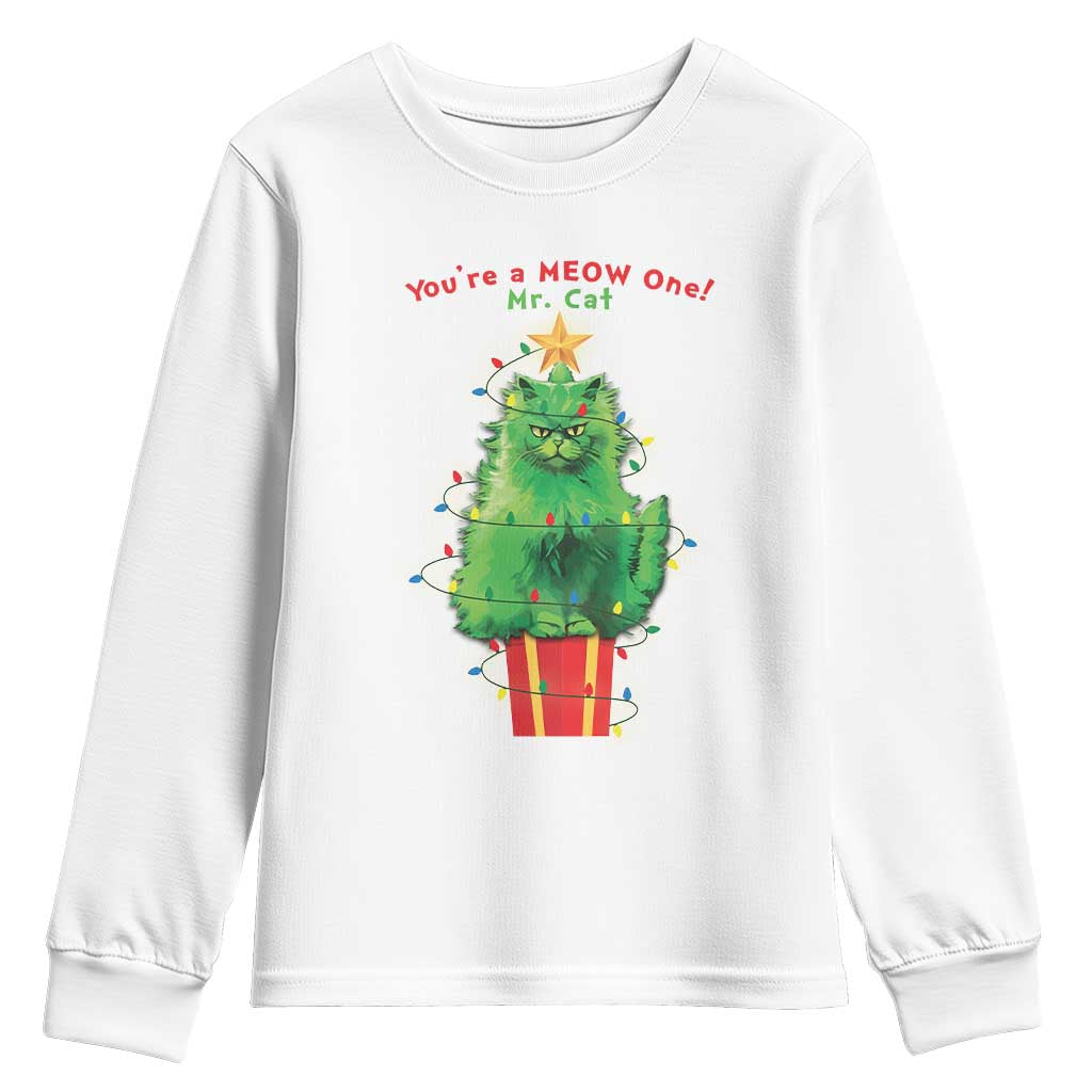 Funny Christmas Cat Youth Sweatshirt You Are A Meow One Mr. Cat Green Cat TS09 White Print Your Wear