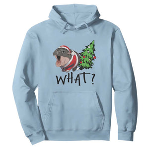 Funny Christmas Moo Deng Hoodie What Baby Hippo Pushing Christmas Tree TS09 Light Blue Print Your Wear