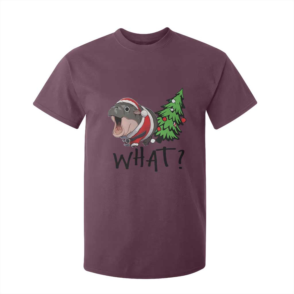 Funny Christmas Moo Deng T Shirt For Kid What Baby Hippo Pushing Christmas Tree TS09 Maroon Print Your Wear