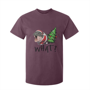 Funny Christmas Moo Deng T Shirt For Kid What Baby Hippo Pushing Christmas Tree TS09 Maroon Print Your Wear