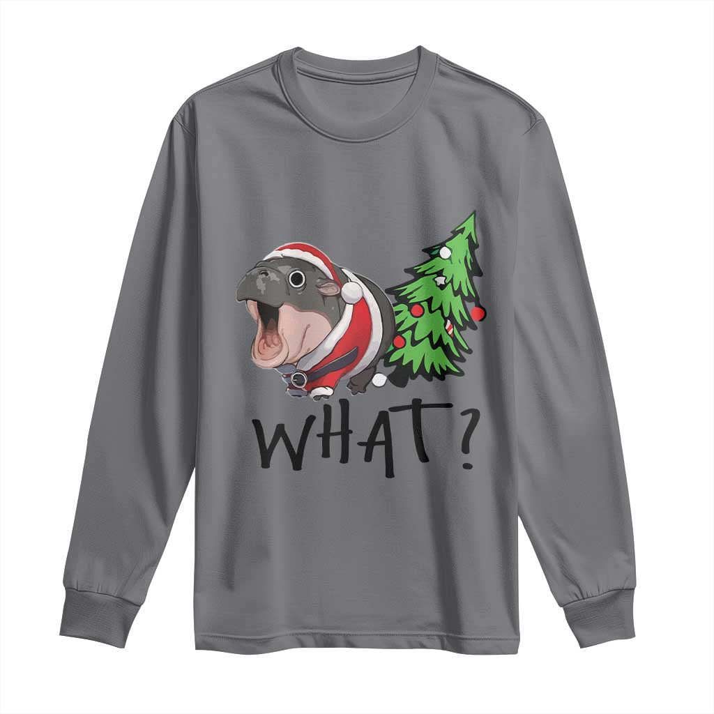Funny Christmas Moo Deng Long Sleeve Shirt What Baby Hippo Pushing Christmas Tree TS09 Charcoal Print Your Wear