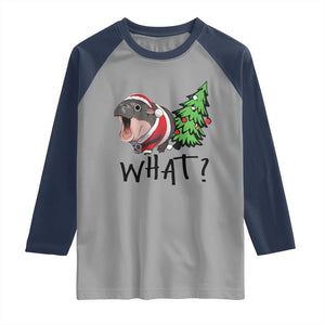 Funny Christmas Moo Deng Raglan Shirt What Baby Hippo Pushing Christmas Tree TS09 Sport Gray Navy Print Your Wear