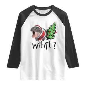 Funny Christmas Moo Deng Raglan Shirt What Baby Hippo Pushing Christmas Tree TS09 White Black Print Your Wear