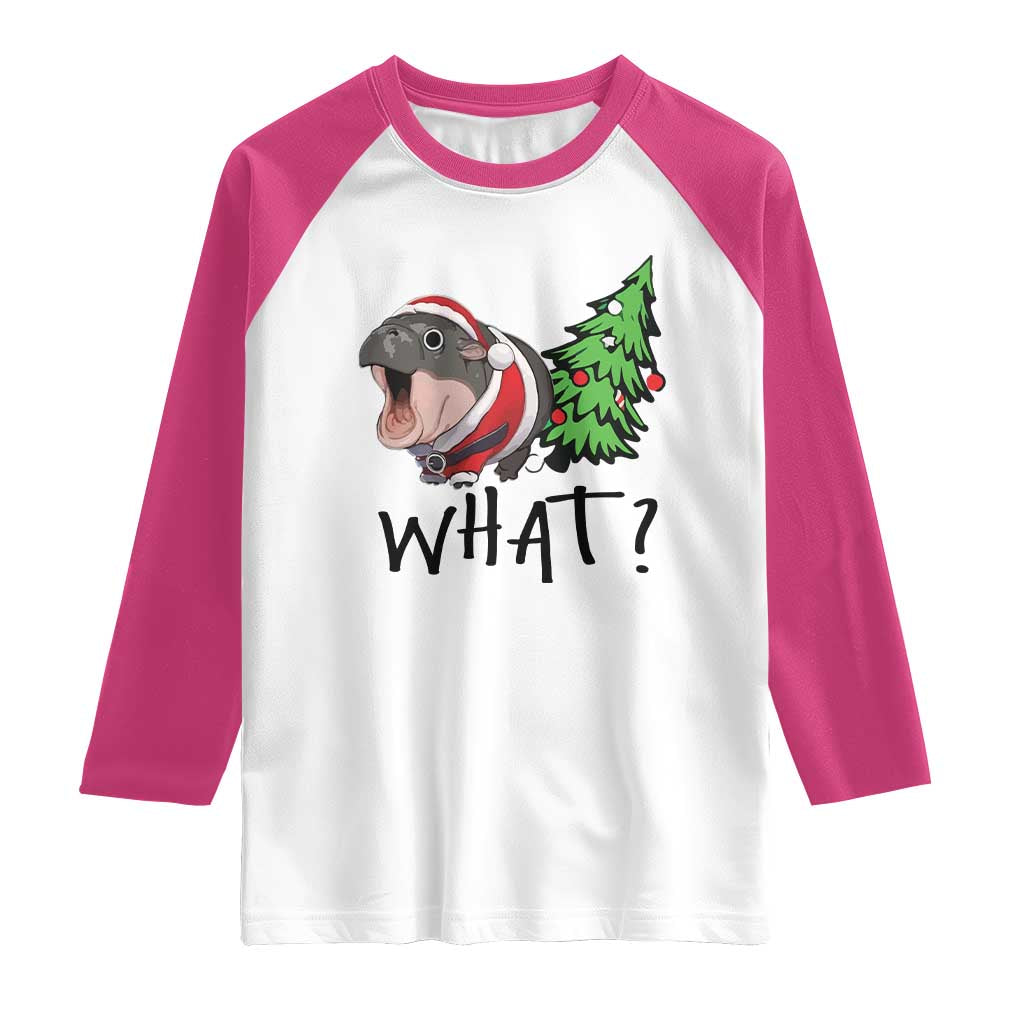 Funny Christmas Moo Deng Raglan Shirt What Baby Hippo Pushing Christmas Tree TS09 White Heliconia Print Your Wear