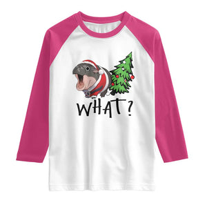 Funny Christmas Moo Deng Raglan Shirt What Baby Hippo Pushing Christmas Tree TS09 White Heliconia Print Your Wear