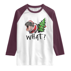 Funny Christmas Moo Deng Raglan Shirt What Baby Hippo Pushing Christmas Tree TS09 White Maroon Print Your Wear