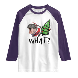 Funny Christmas Moo Deng Raglan Shirt What Baby Hippo Pushing Christmas Tree TS09 White Purple Print Your Wear