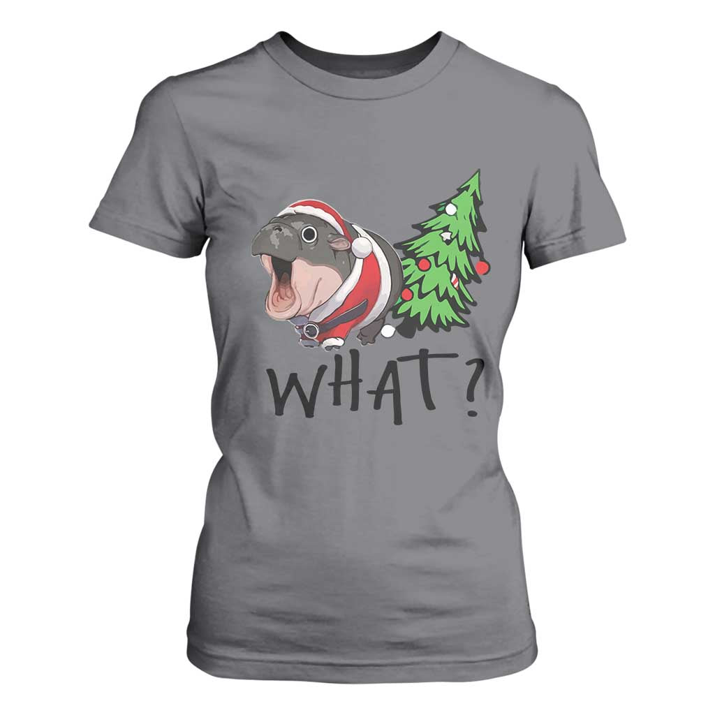 Funny Christmas Moo Deng T Shirt For Women What Baby Hippo Pushing Christmas Tree TS09 Charcoal Print Your Wear