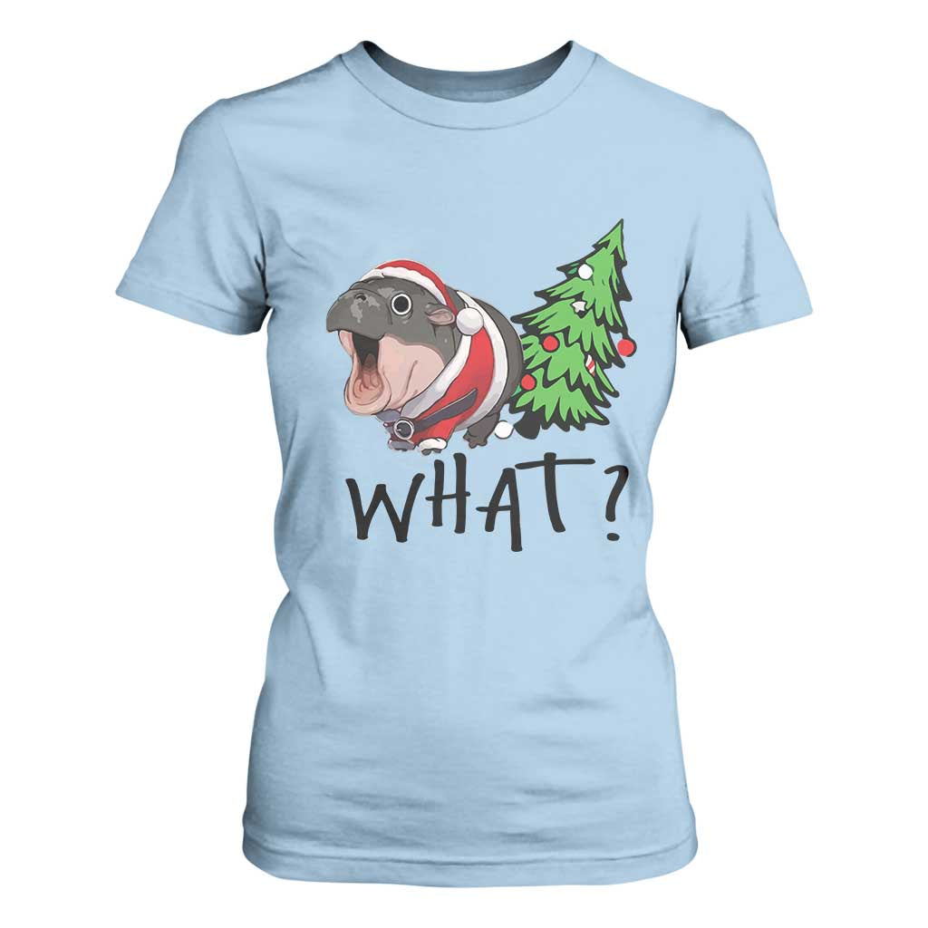 Funny Christmas Moo Deng T Shirt For Women What Baby Hippo Pushing Christmas Tree TS09 Light Blue Print Your Wear