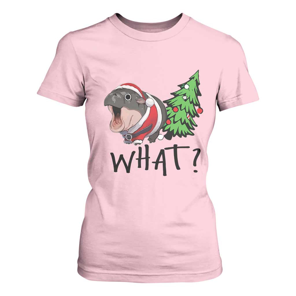 Funny Christmas Moo Deng T Shirt For Women What Baby Hippo Pushing Christmas Tree TS09 Light Pink Print Your Wear