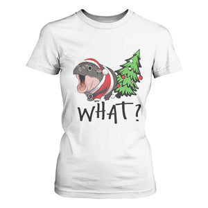 Funny Christmas Moo Deng T Shirt For Women What Baby Hippo Pushing Christmas Tree TS09 White Print Your Wear