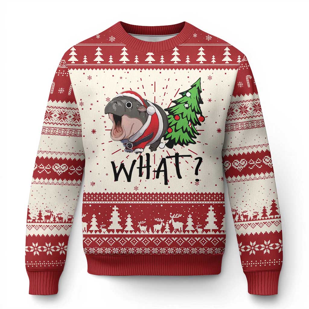 Funny Xmas Moo Deng Ugly Christmas Sweater What Baby Hippo Pushing Christmas Tree TS09 Red Print Your Wear