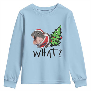 Funny Christmas Moo Deng Youth Sweatshirt What Baby Hippo Pushing Christmas Tree TS09 Light Blue Print Your Wear