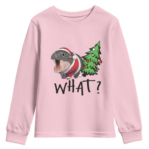 Funny Christmas Moo Deng Youth Sweatshirt What Baby Hippo Pushing Christmas Tree TS09 Light Pink Print Your Wear